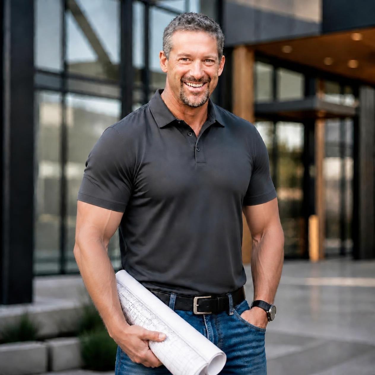 Fred Yerger, owner of CCM Contracting, standing outside a modern glass building holding rolled plans